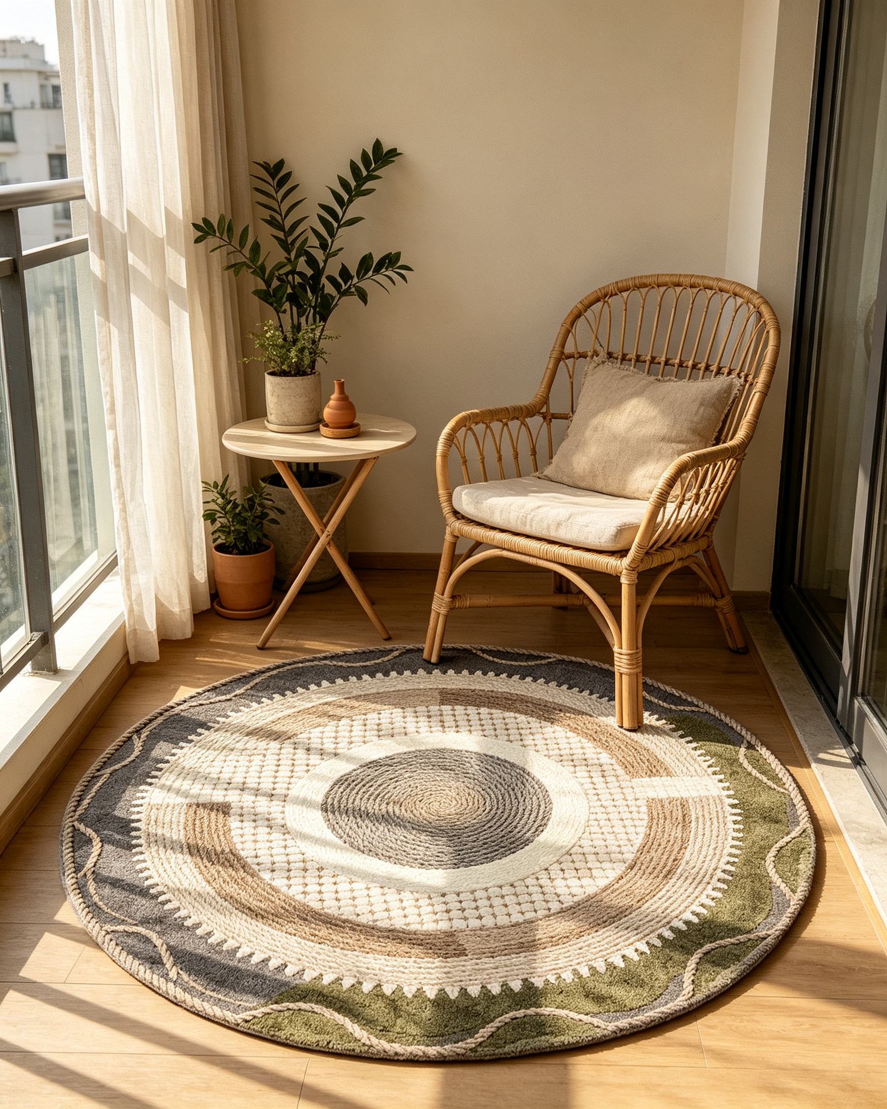 Round Neutral Braided Geometric Wool Area Rug