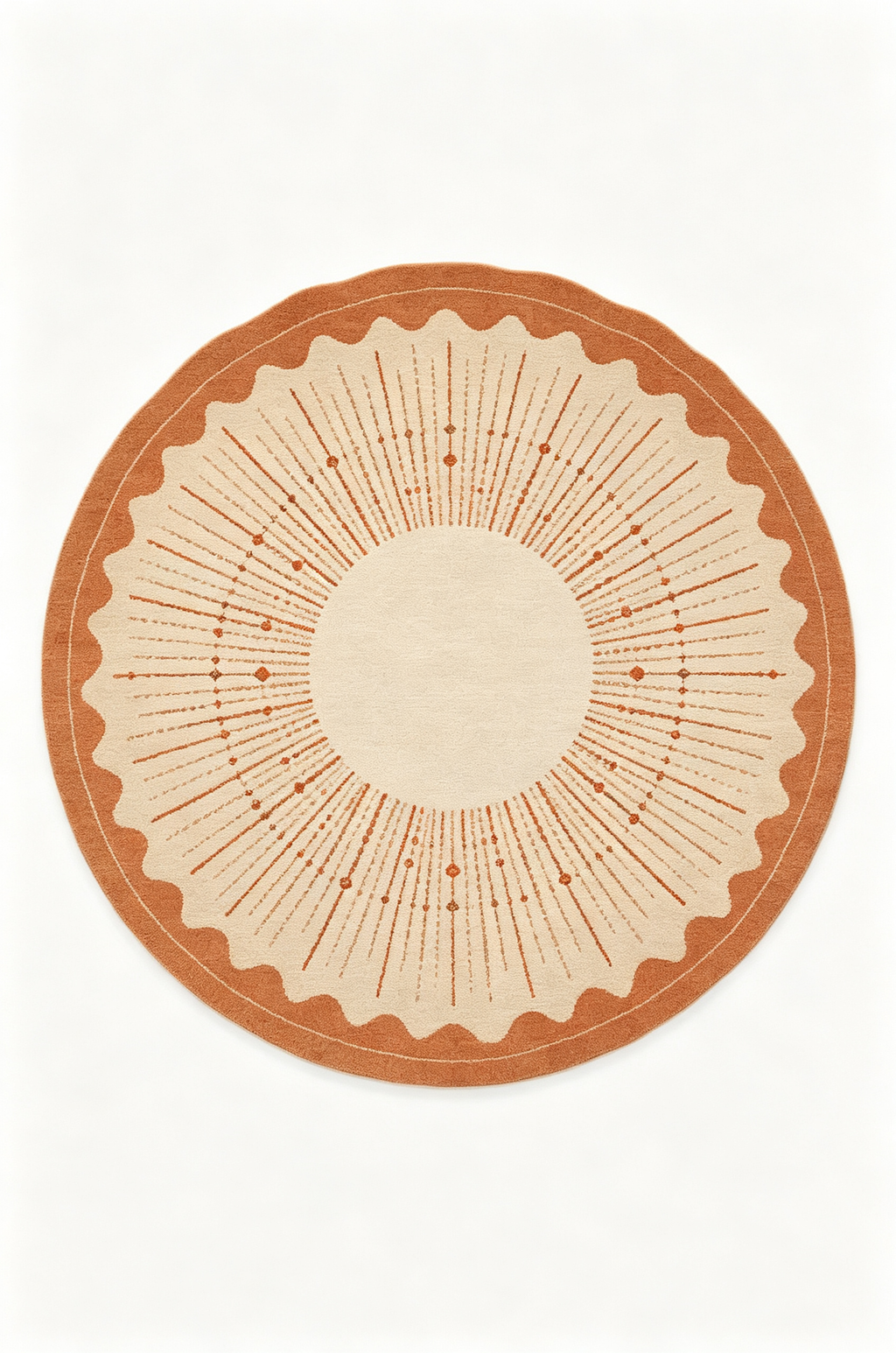 Round Terracotta Sunburst Scalloped Wool Area Rug