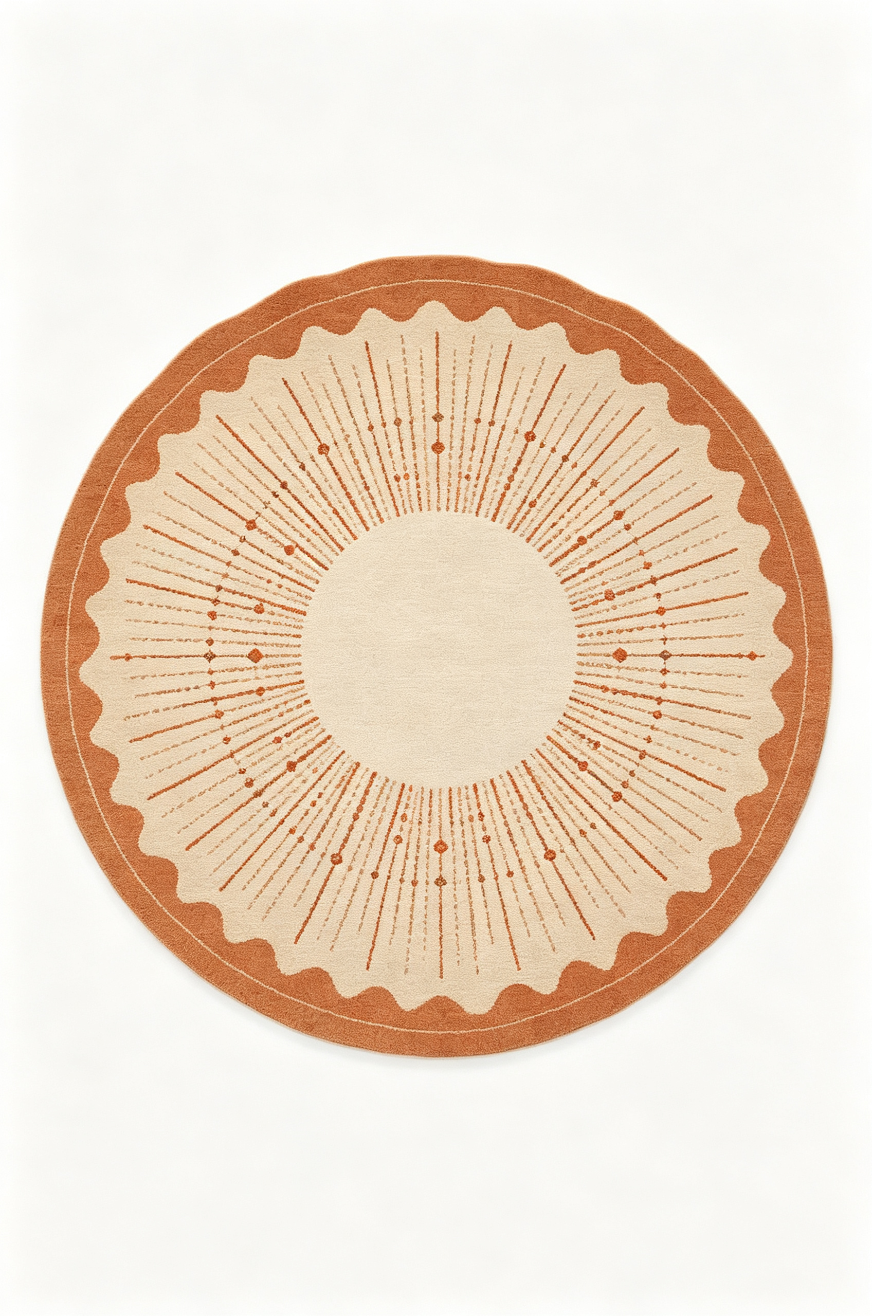 Round Terracotta Sunburst Scalloped Wool Area Rug