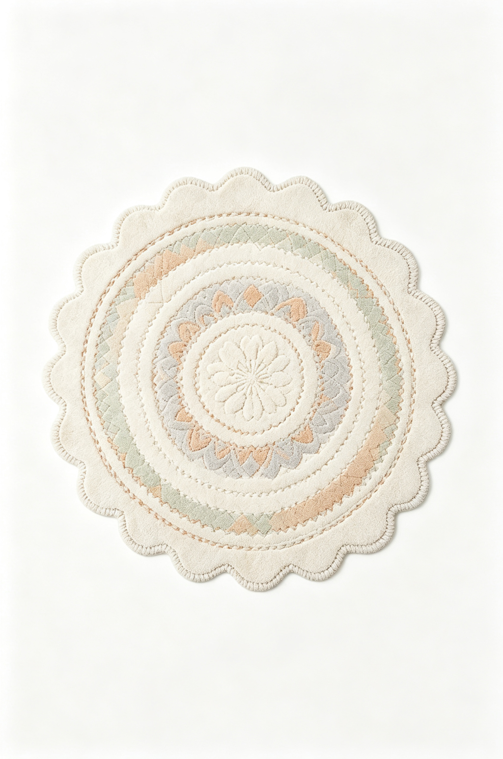 Round Pastel Patchwork Scalloped Floral Wool Rug