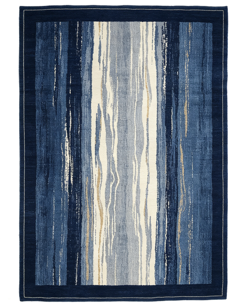 Abstract Vertical Brushstroke Navy Border Wool Area Rug