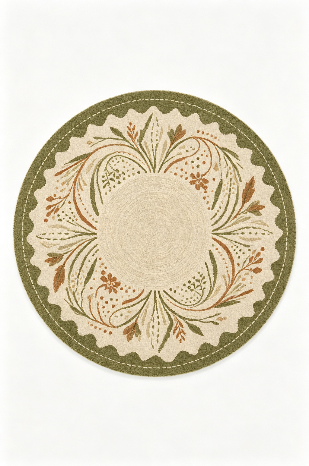 Round Olive Green Botanical Scalloped Wool Area Rug