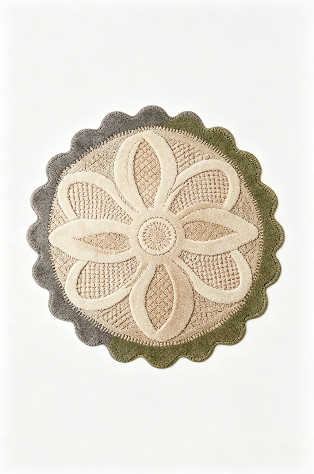 Round 3D Raised Large Flower Scalloped Wool Rug