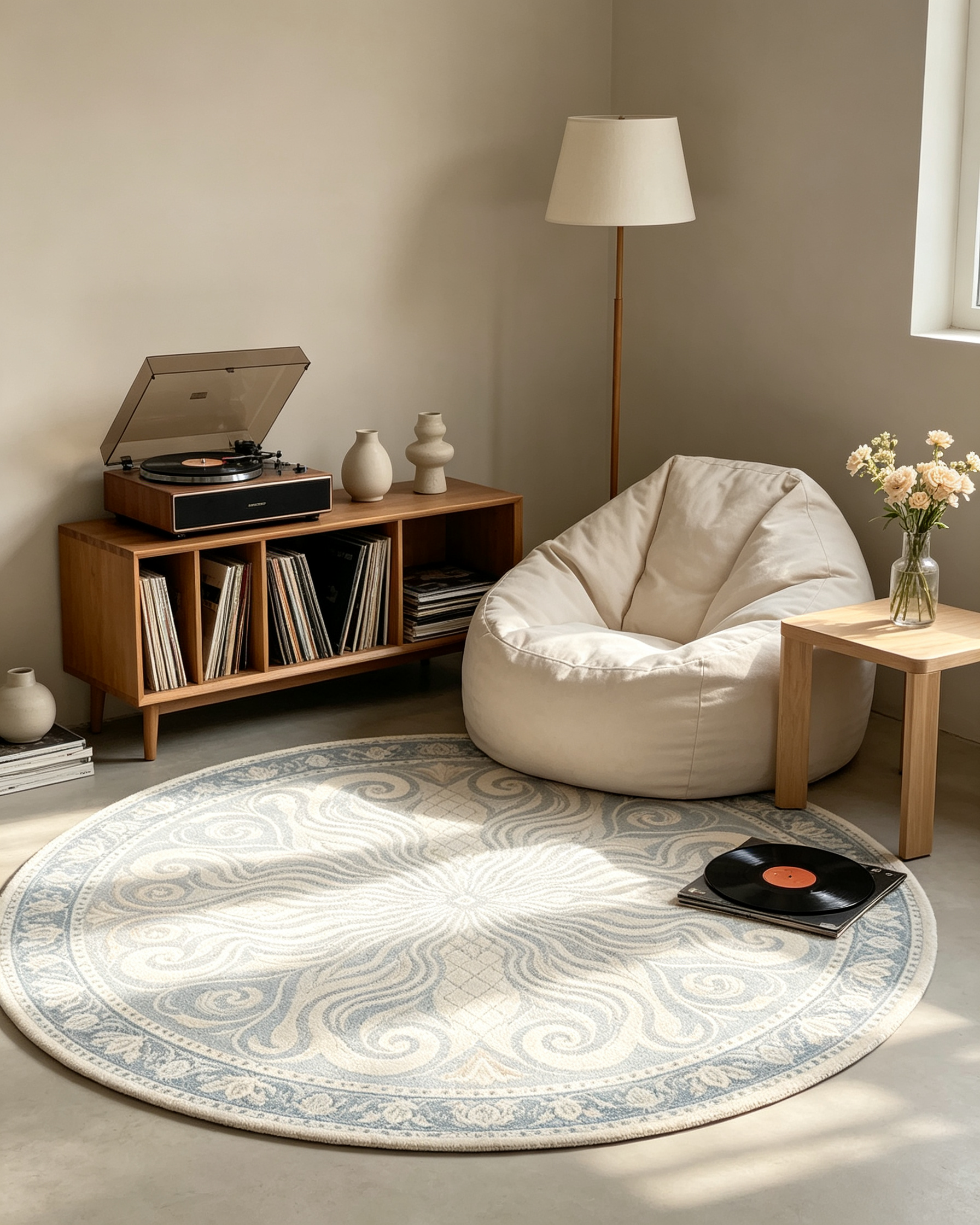 Round Light Blue Swirl Ornate Wool Area Rug