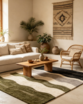 Dark Olive Black Neutral Wavy Abstract Layered Wool Area Rug
