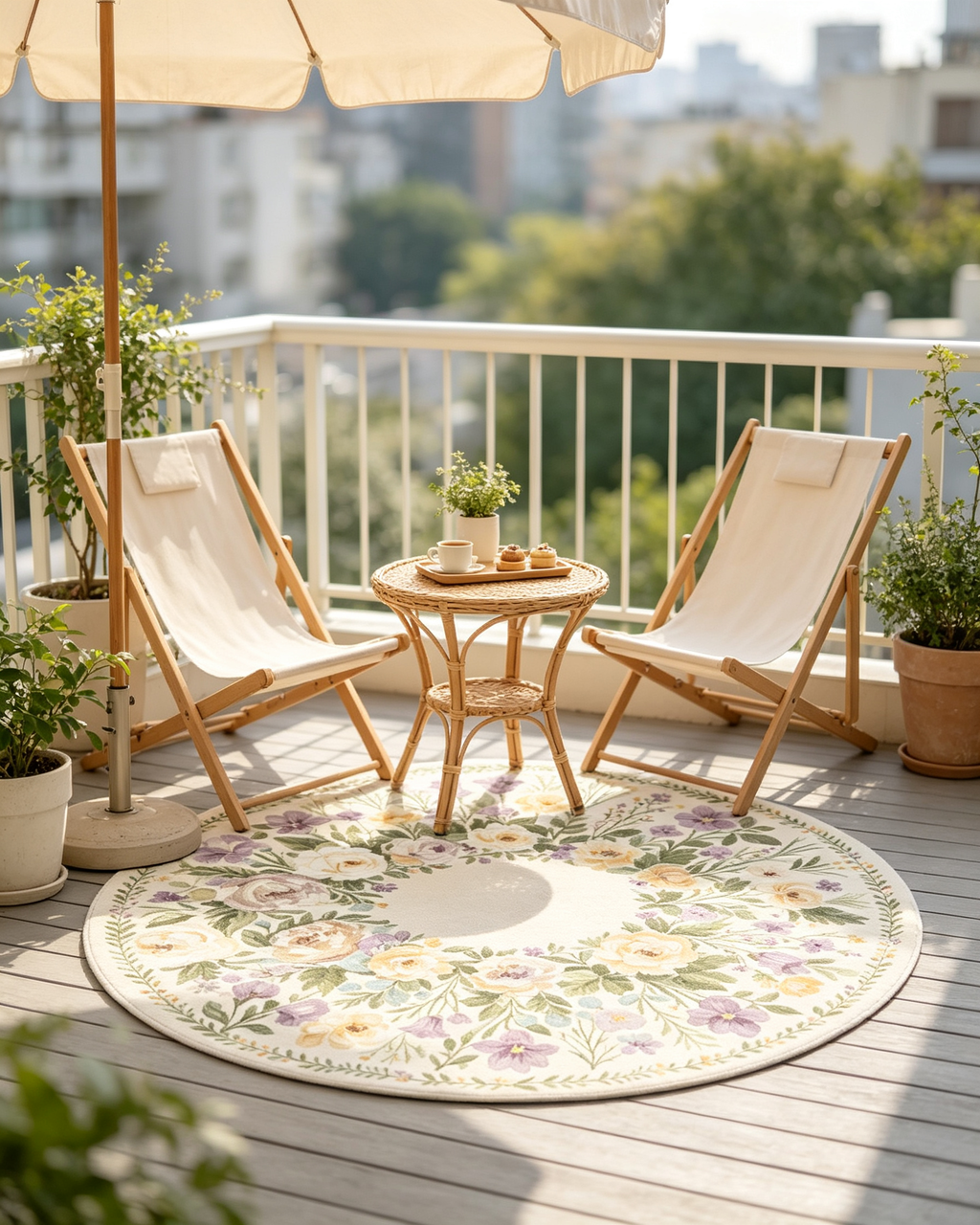 Round Watercolor Purple Yellow Floral Wreath Wool Area Rug