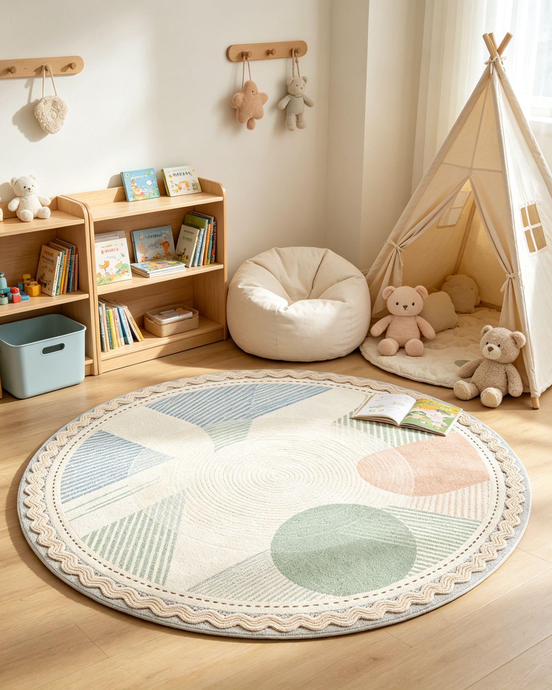 Round Pastel Geometric Stripe Scalloped Wool Area Rug