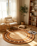 Round Warm Brown Diamond Floral Border Wool Area Rug