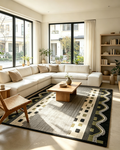 Symmetrical Wavy Border Grey Olive Geometric Wool Area Rug