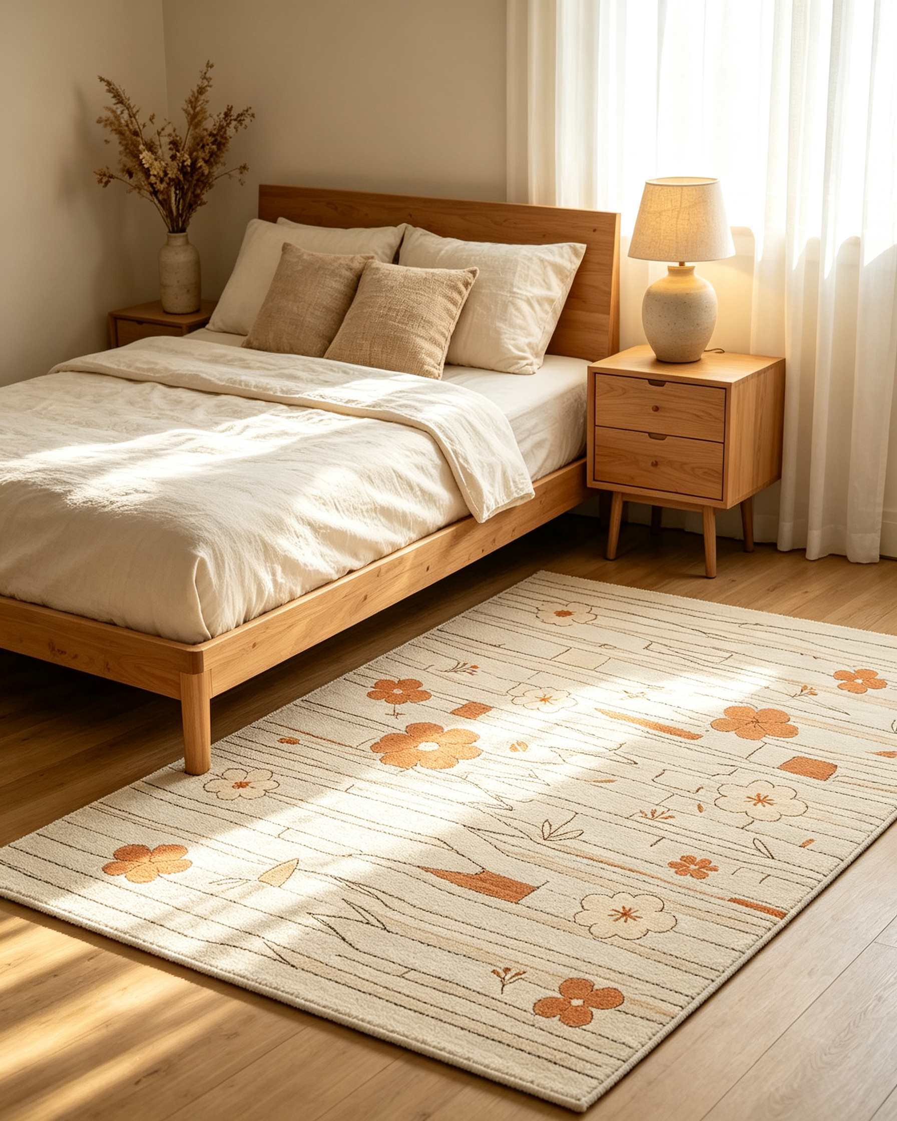 Minimal Linear Terracotta Floral Wool Area Rug