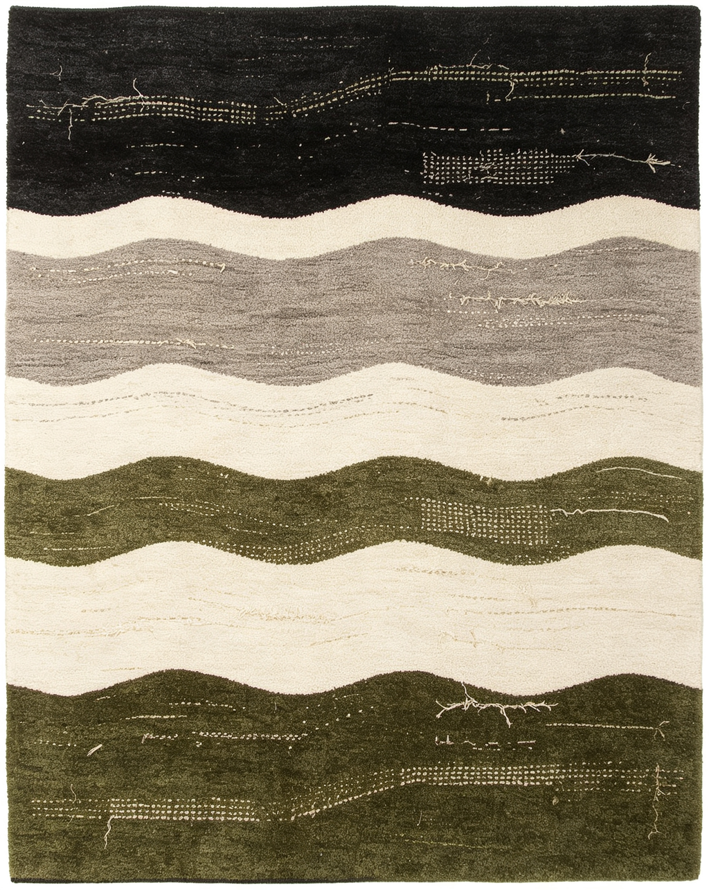 Dark Olive Black Neutral Wavy Abstract Layered Wool Area Rug