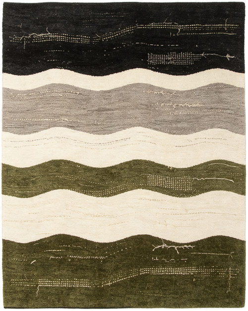 Dark Olive Black Neutral Wavy Abstract Layered Wool Area Rug
