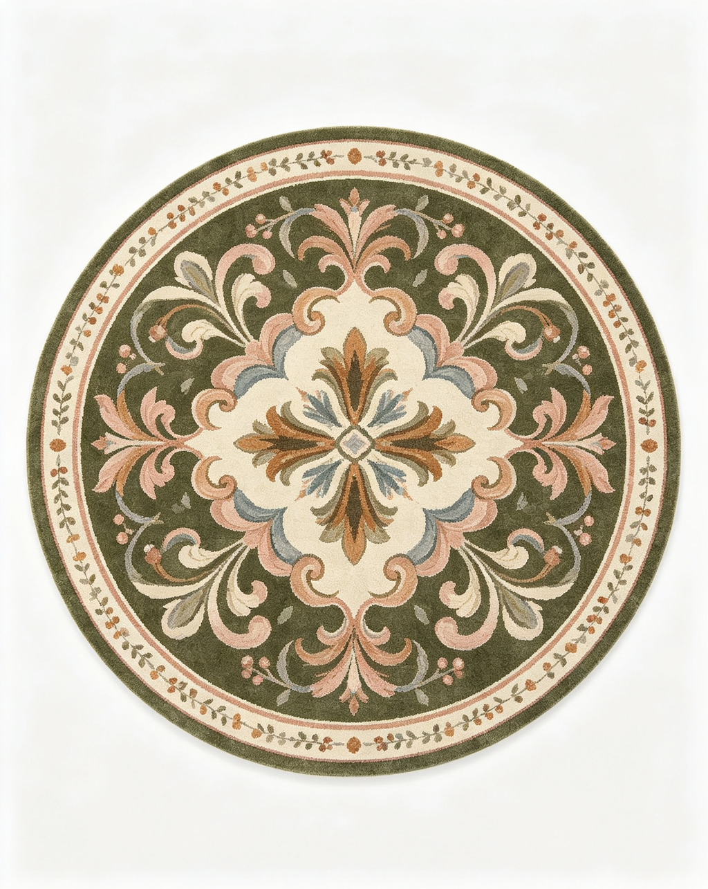 Round Dark Olive Ornate Floral Medallion Wool Area Rug