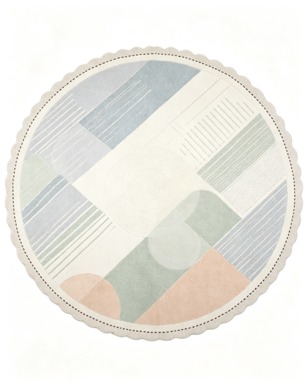 Round Pastel Geometric Block Scalloped Wool Rug