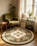 Round Dark Olive Ornate Floral Medallion Wool Area Rug