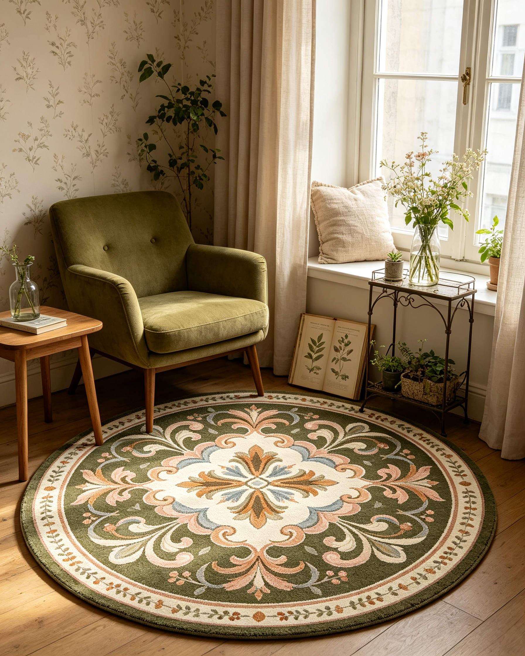 Round Dark Olive Ornate Floral Medallion Wool Area Rug