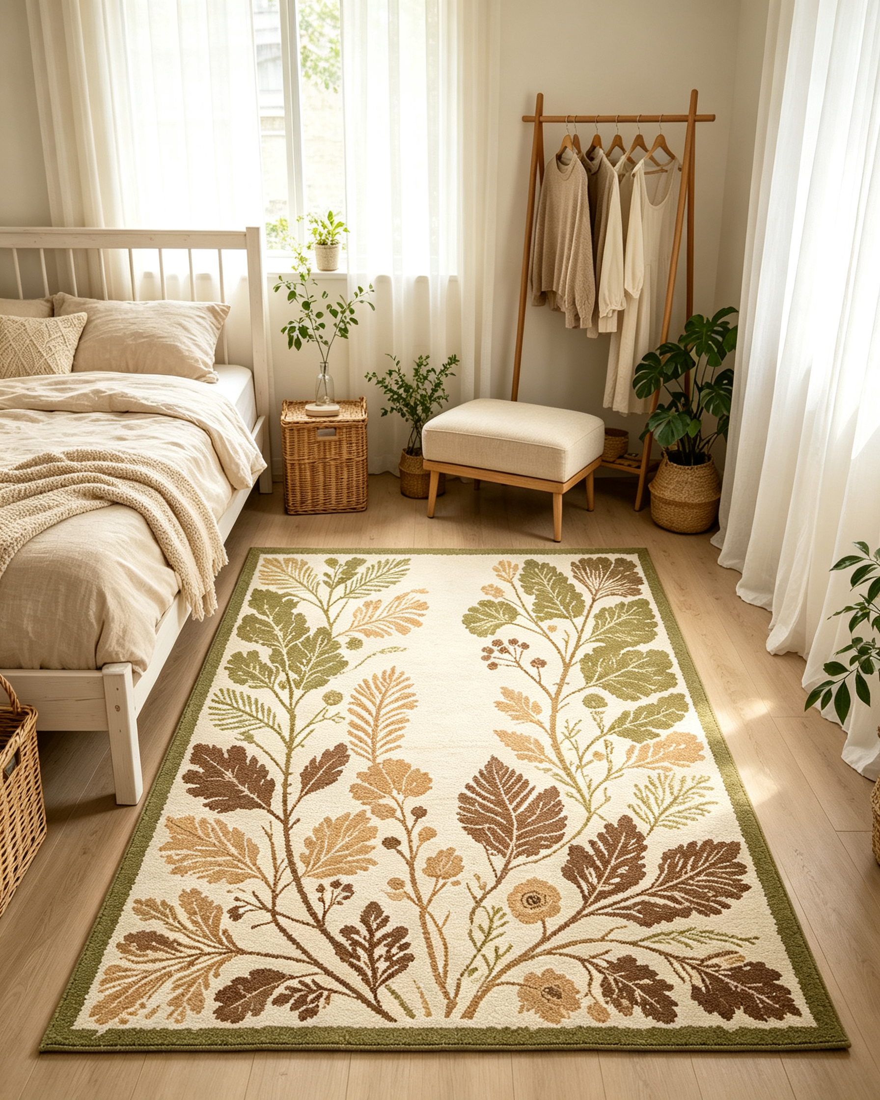 Vintage Botanical Leaf Olive Green Wool Area Rug