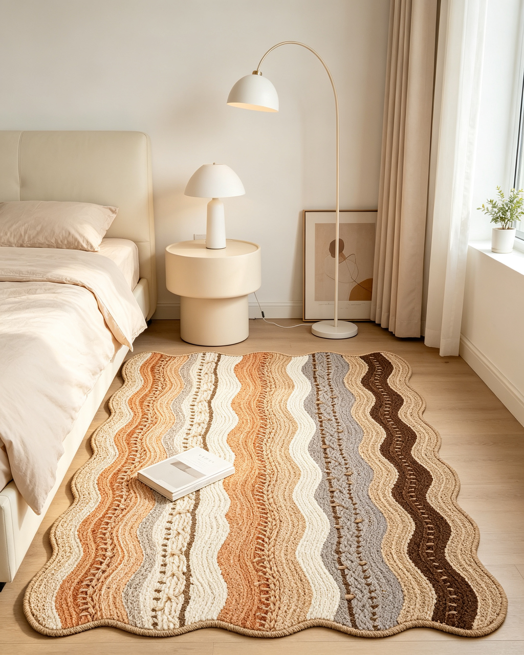 Wavy Scalloped Edge Neutral Striped Braided Jute Blend Rug
