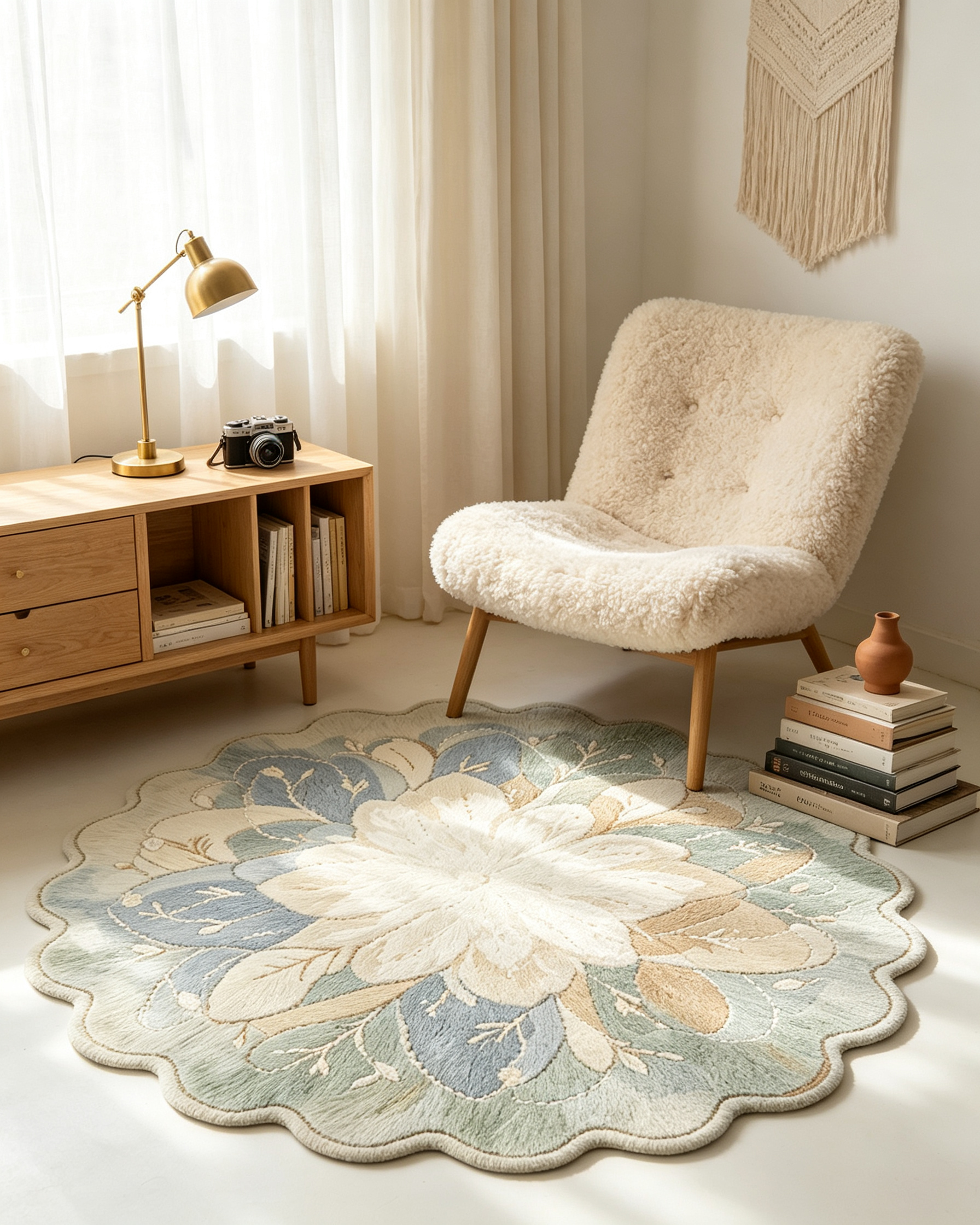 Round Watercolor Pastel Leaf Scalloped Wool Rug