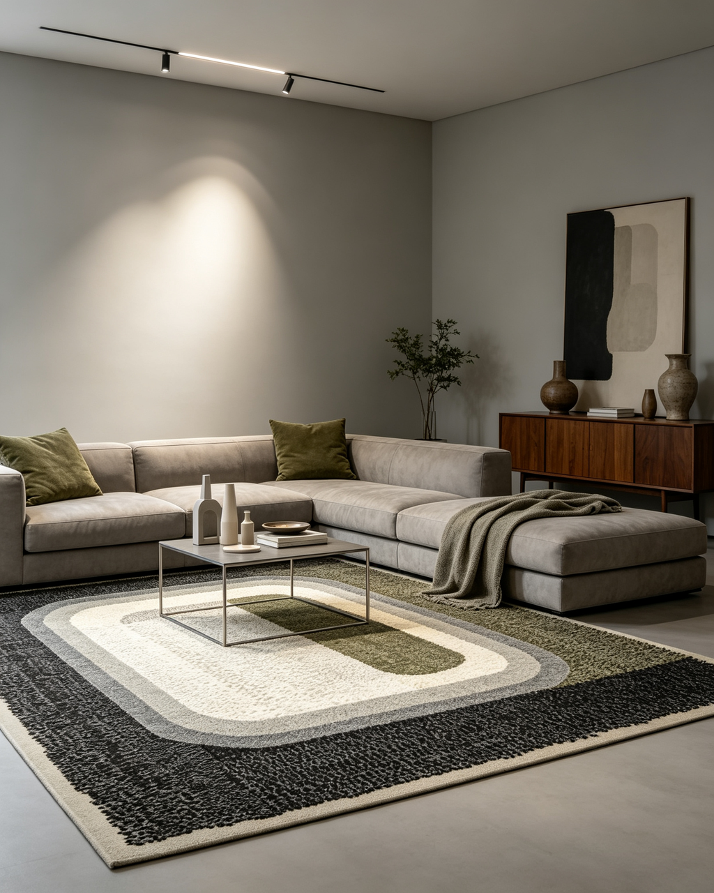 Layered Rounded Rectangle Dark Olive Grey Wool Area Rug