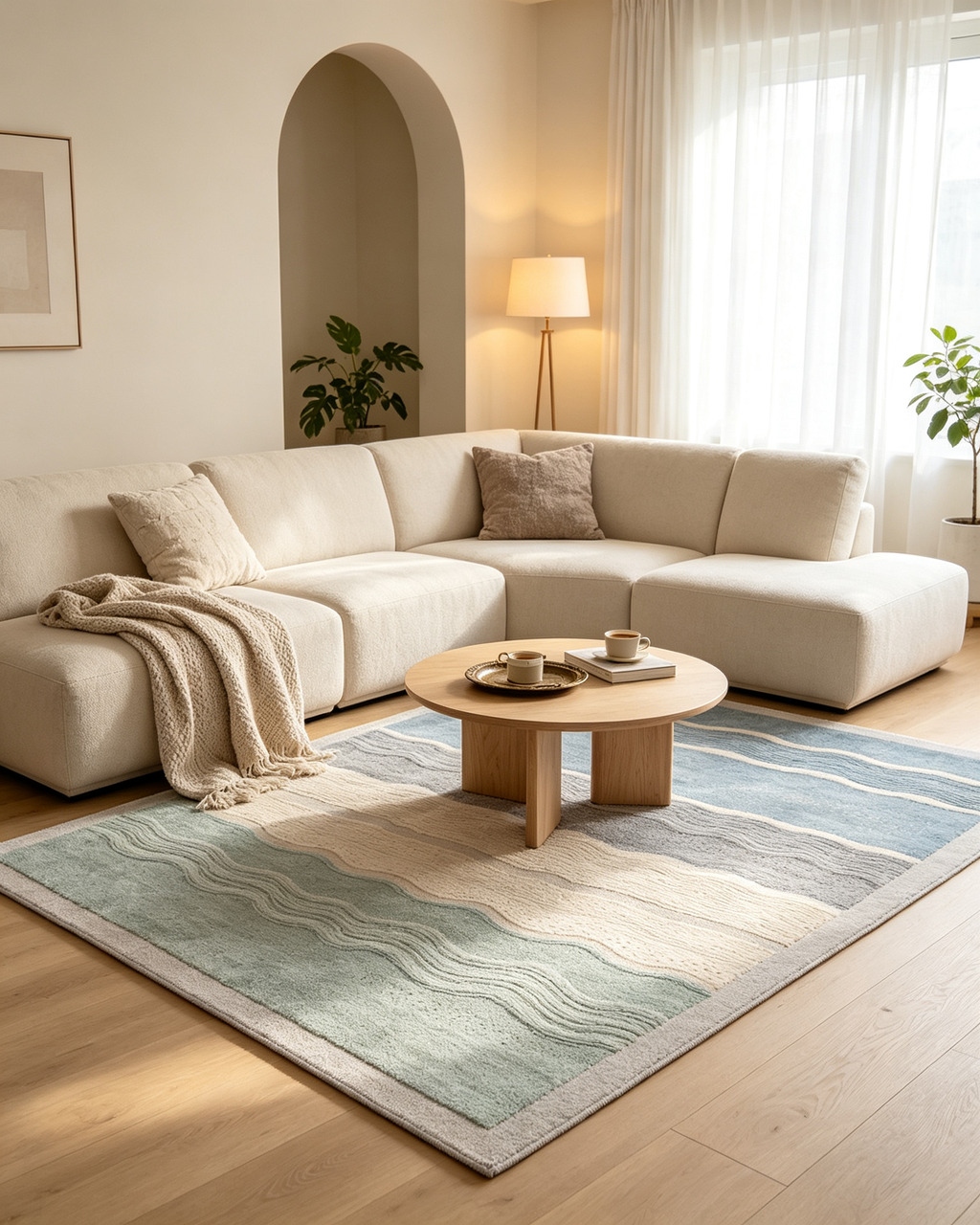 Textured Wavy Horizontal Striped Coastal Wool Area Rug