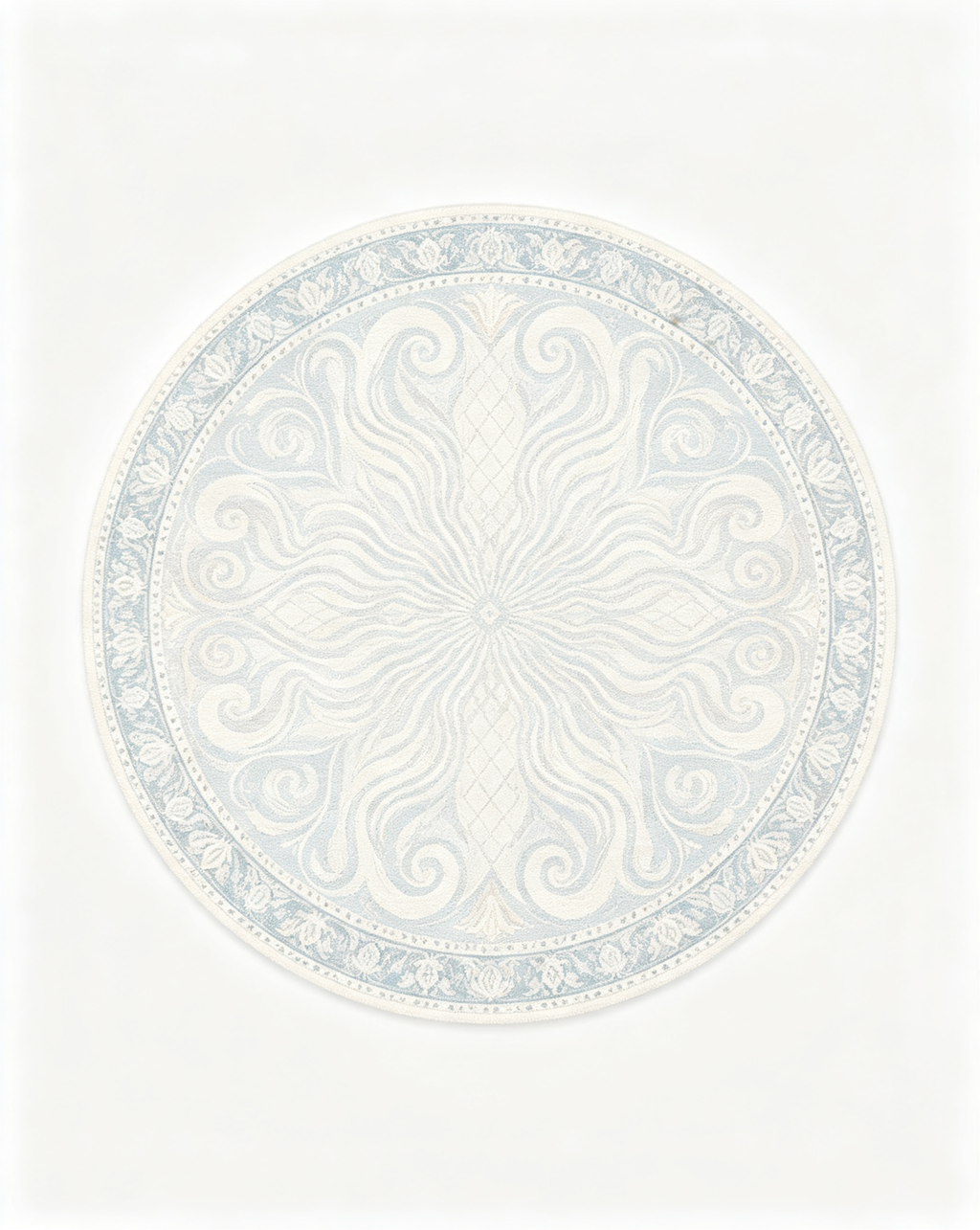 Round Light Blue Swirl Ornate Wool Area Rug