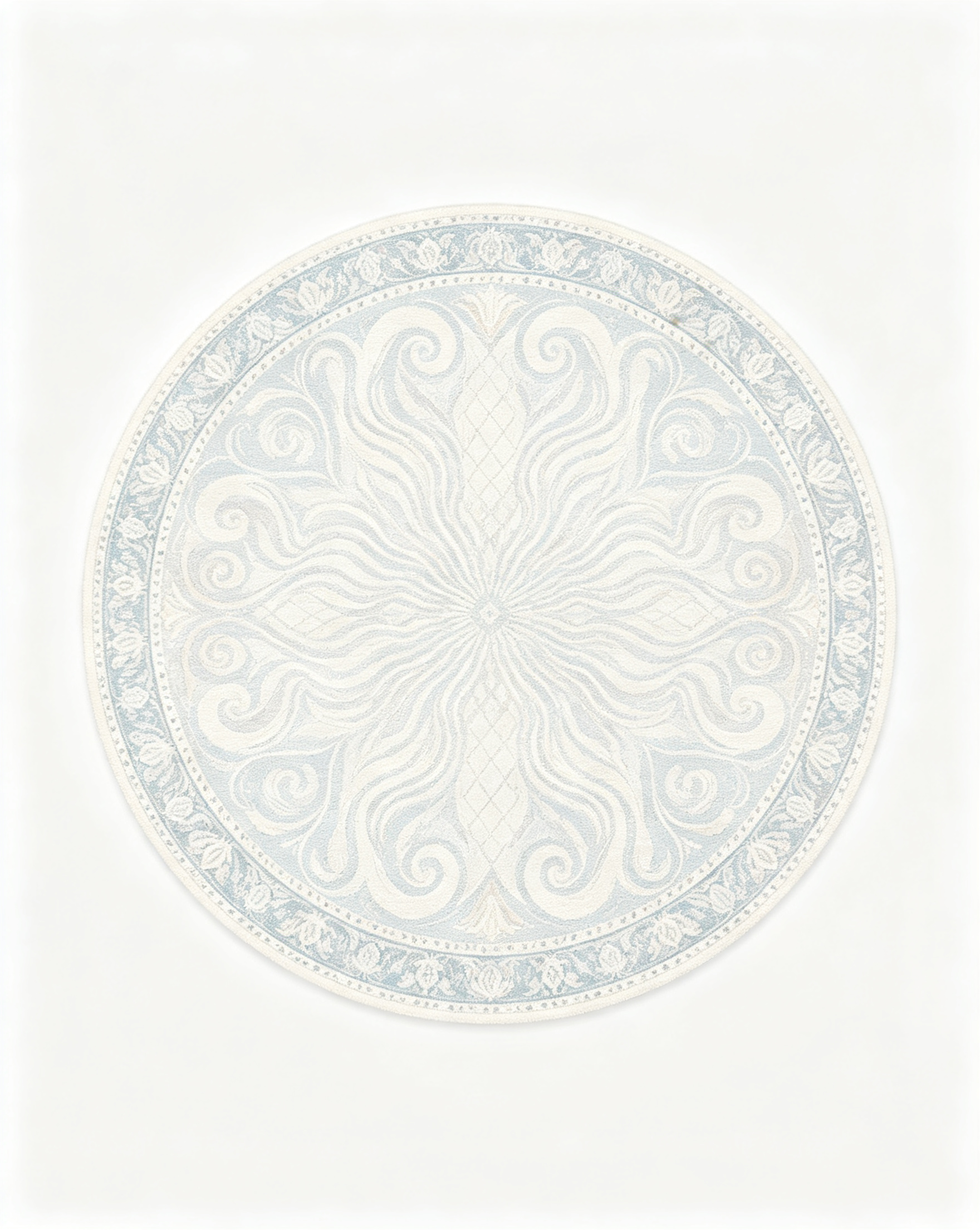 Round Light Blue Swirl Ornate Wool Area Rug