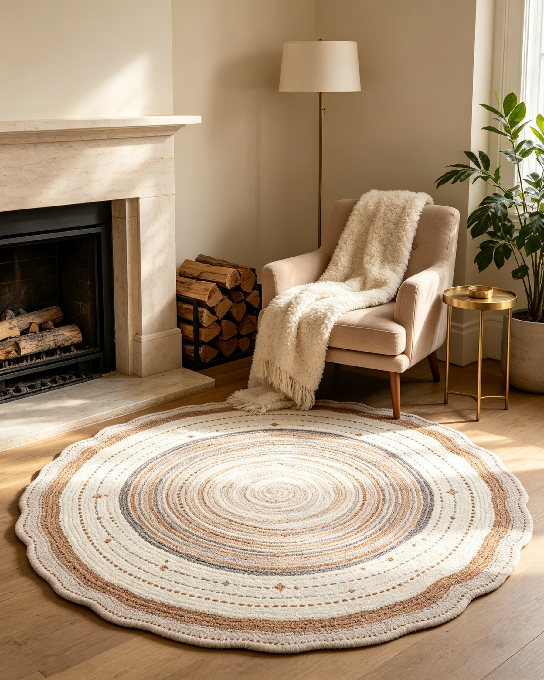 Round Neutral Gradient Concentric Wave Wool Rug