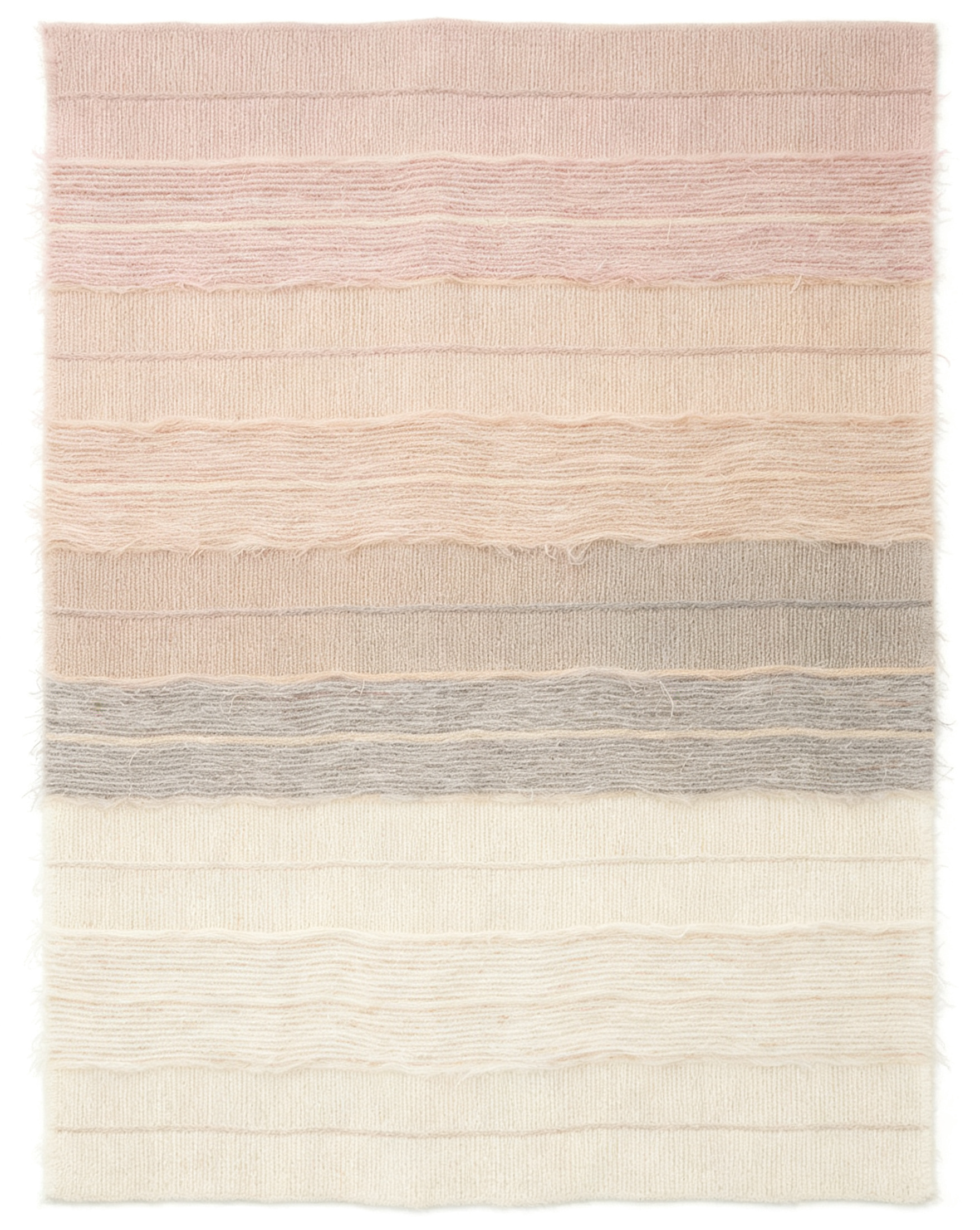 Soft Blush Neutral Fringed Horizontal Ribbed Wool Rug