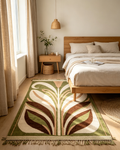 Vintage Palm Leaf Fringed Olive Green Wool Area Rug