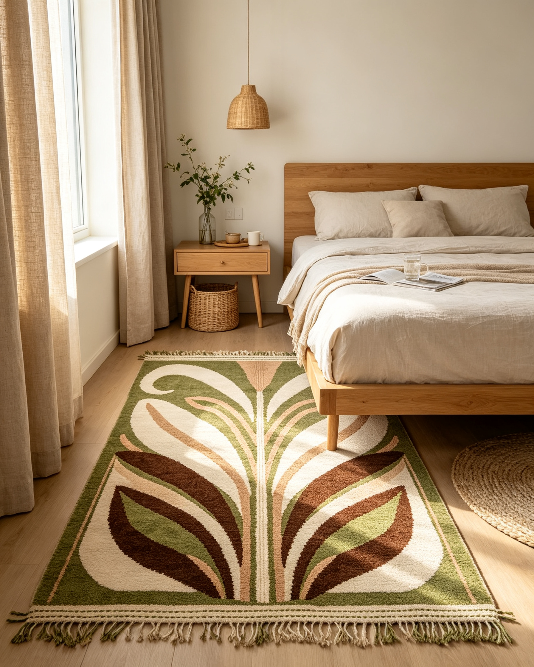 Vintage Palm Leaf Fringed Olive Green Wool Area Rug