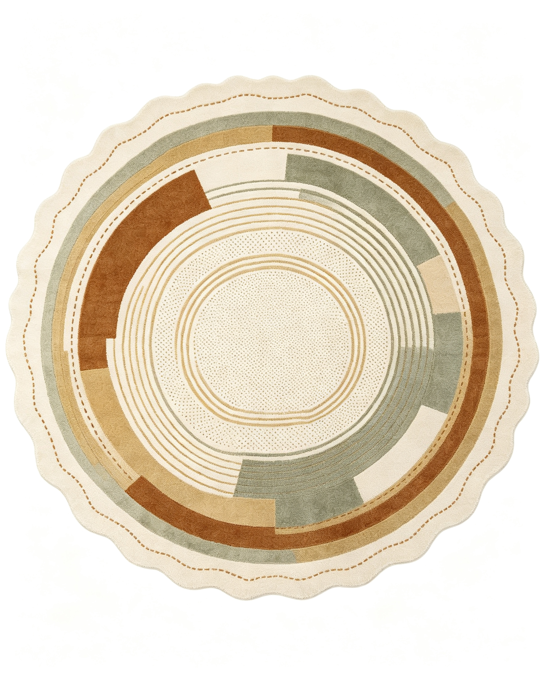 Round Earth Tone Scalloped Concentric Block Wool Rug