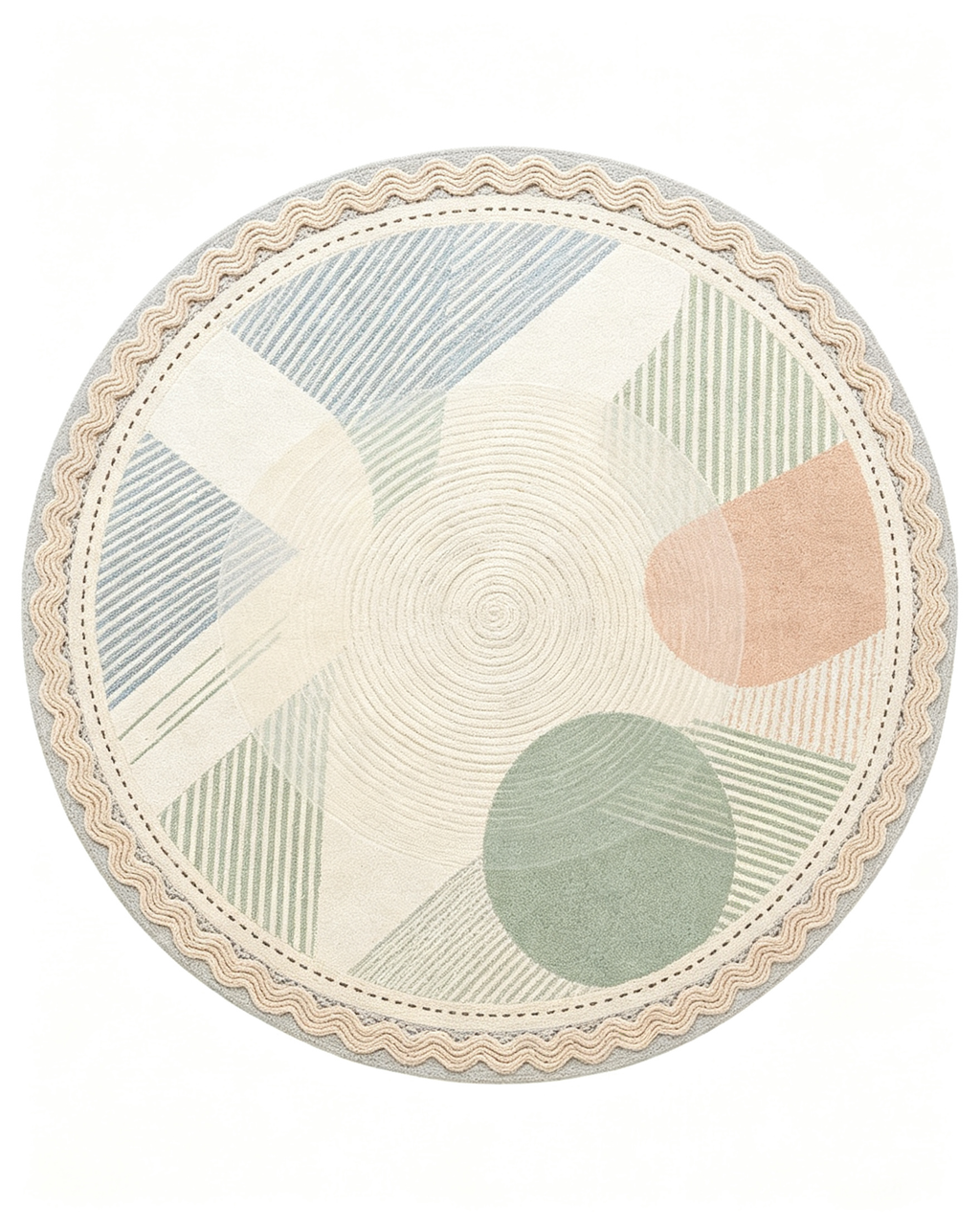 Round Pastel Geometric Stripe Scalloped Wool Area Rug