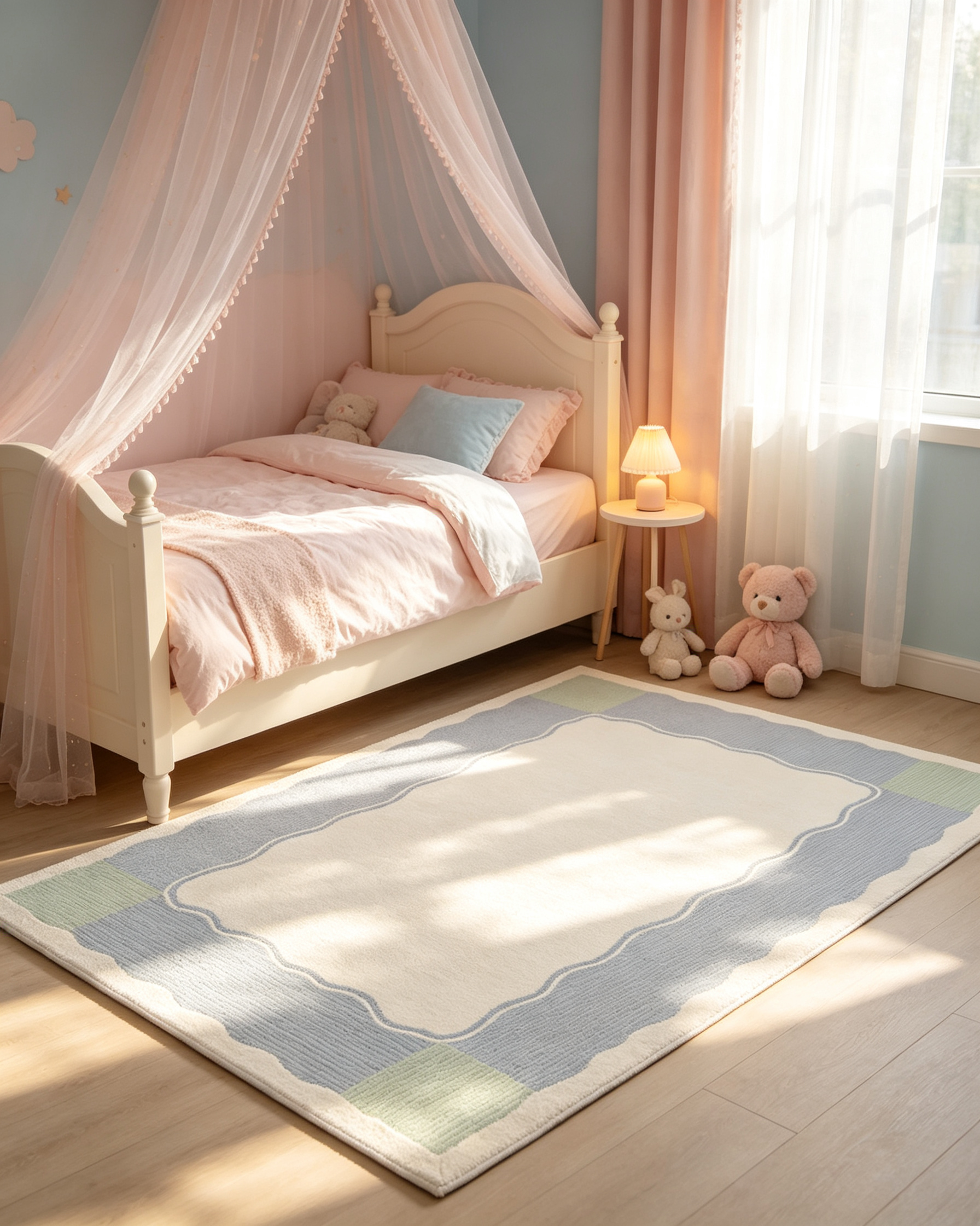 Minimal Wavy Scalloped Border Pastel Wool Area Rug
