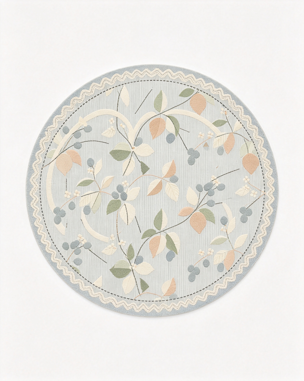 Round Light Blue Botanical Vine Scalloped Wool Area Rug