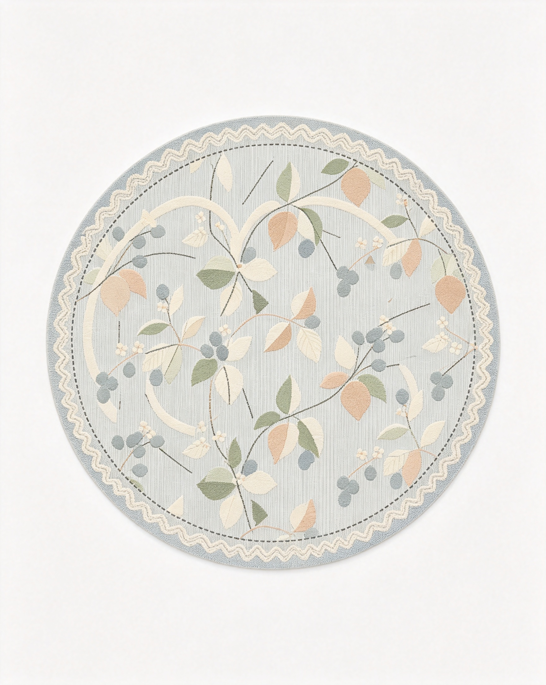 Round Light Blue Botanical Vine Scalloped Wool Area Rug