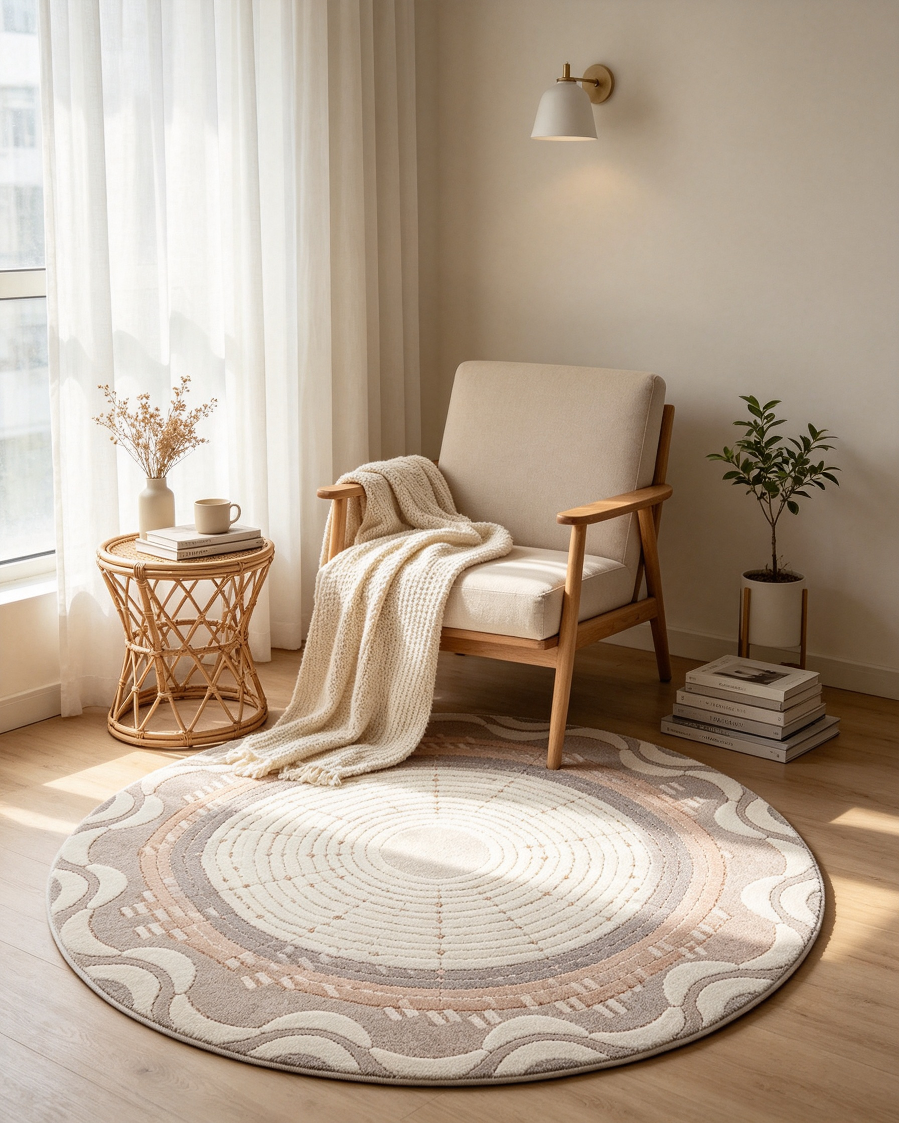 Round Neutral Concentric Wave Gradient Wool Area Rug