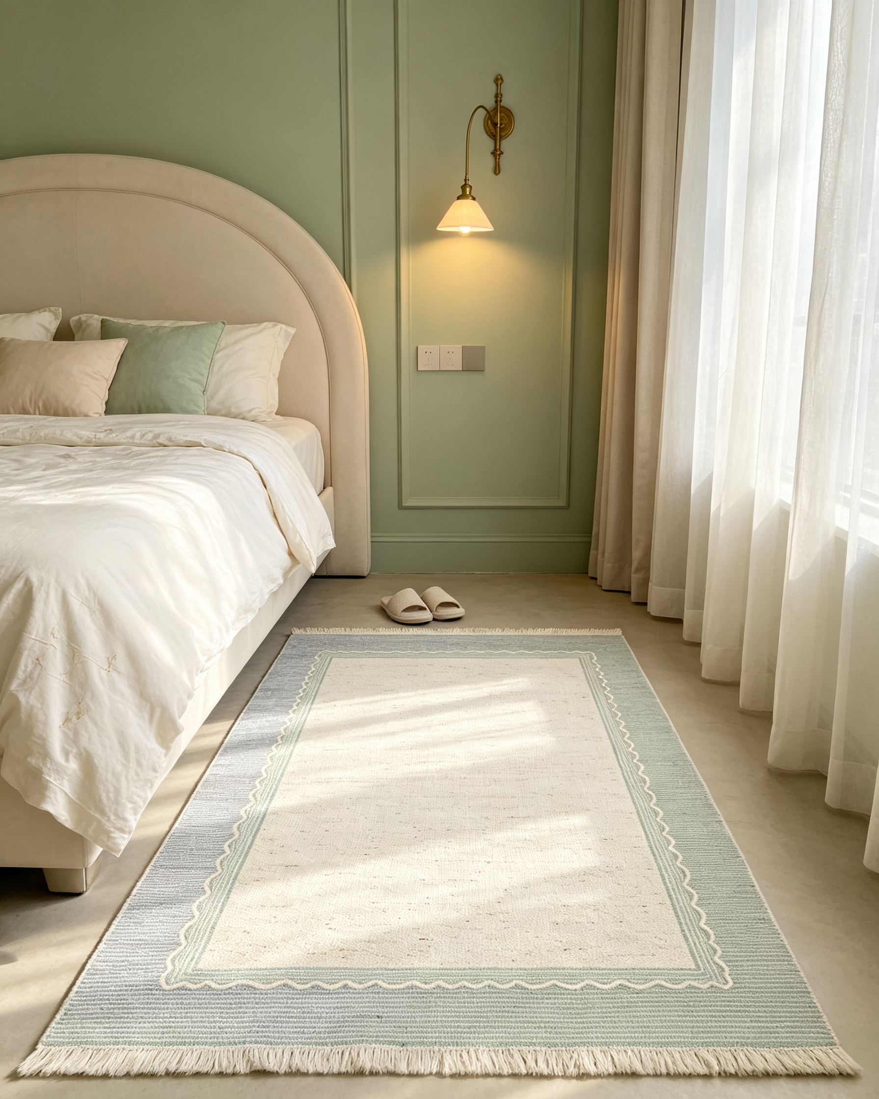 Textured Scalloped Two-Tone Border Neutral Wool Rug