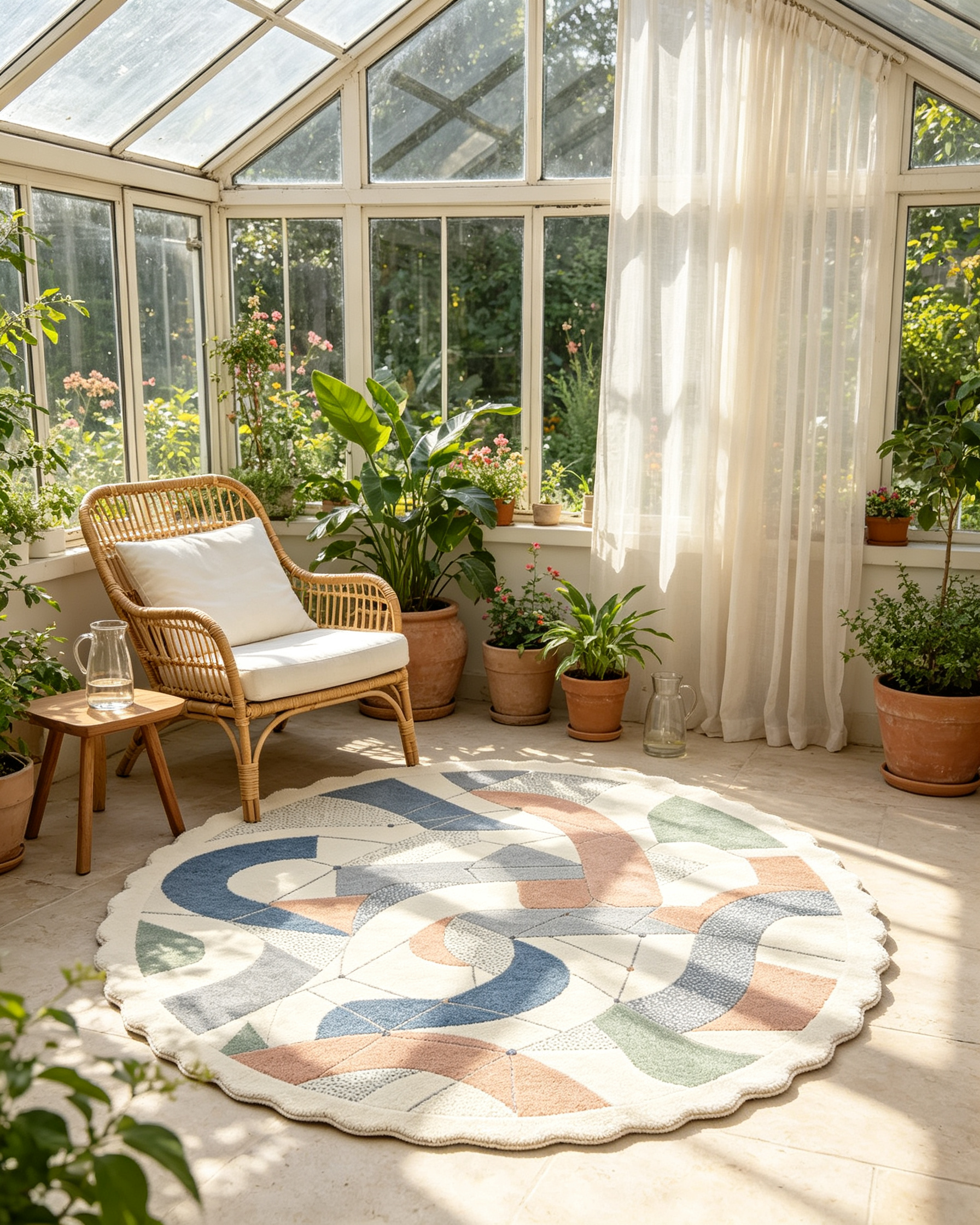 Round Abstract Curved Geometric Scalloped Wool Rug
