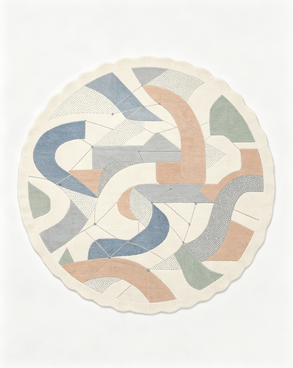 Round Abstract Curved Geometric Scalloped Wool Rug
