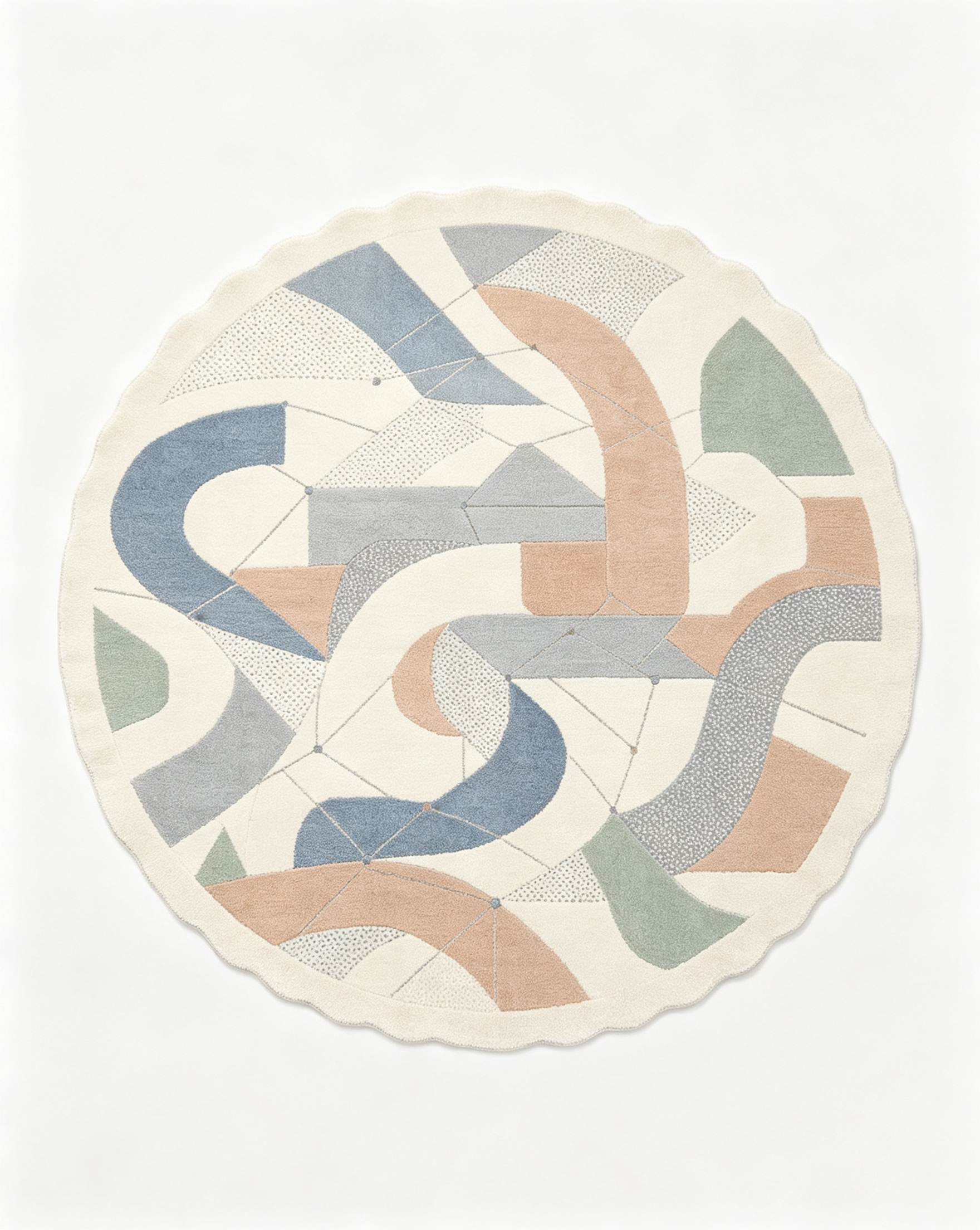 Round Abstract Curved Geometric Scalloped Wool Rug