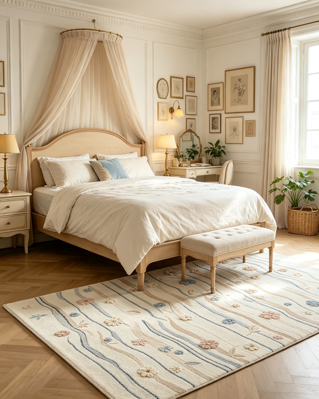 3D Raised Pastel Floral Wavy Stripe Wool Area Rug