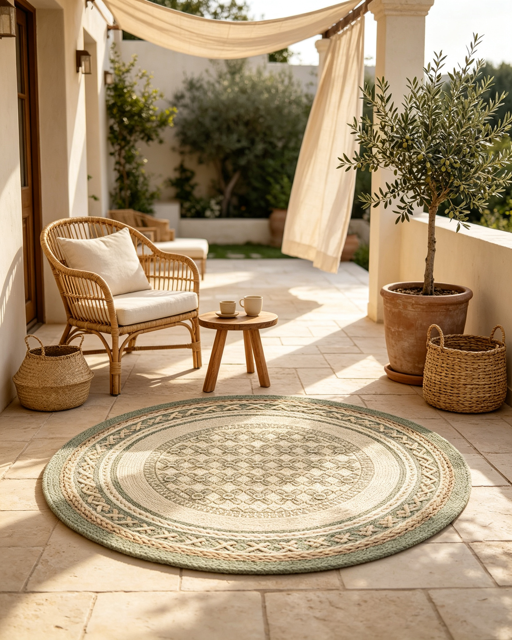 Round Sage Braided Floral Grid Wool Area Rug