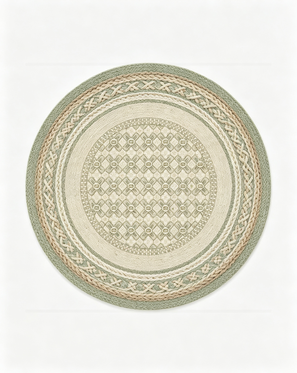 Round Sage Braided Floral Grid Wool Area Rug