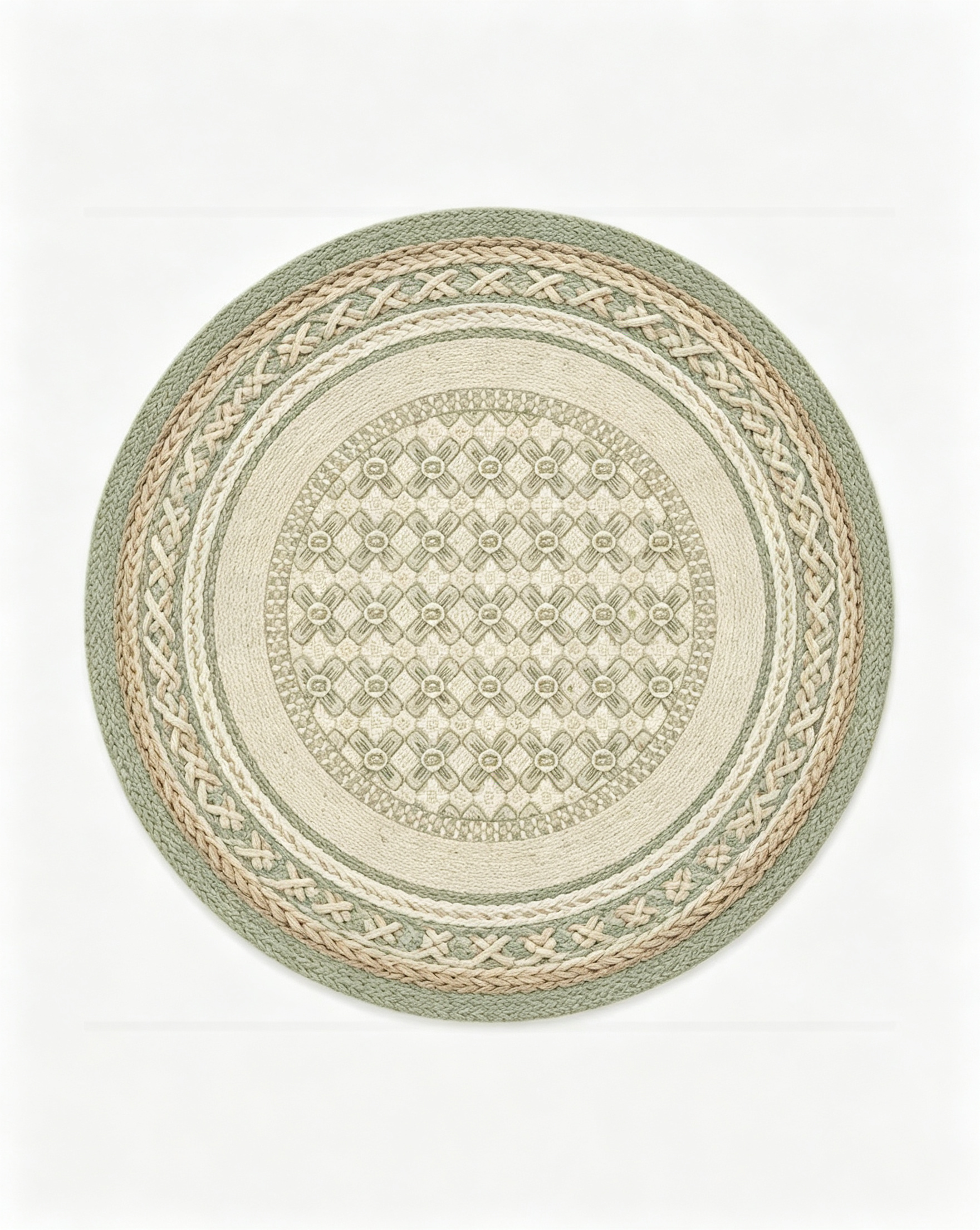 Round Sage Braided Floral Grid Wool Area Rug