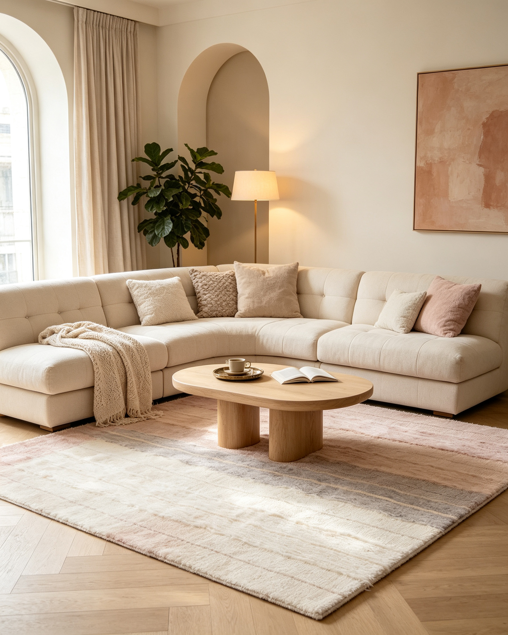 Soft Blush Neutral Fringed Horizontal Ribbed Wool Rug
