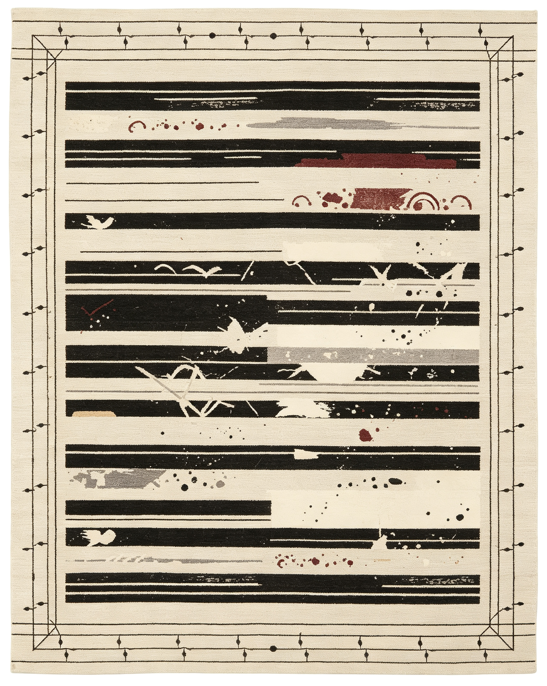 Cream Base Abstract Paint Splatter Horizontal Stripe Border Wool Rug