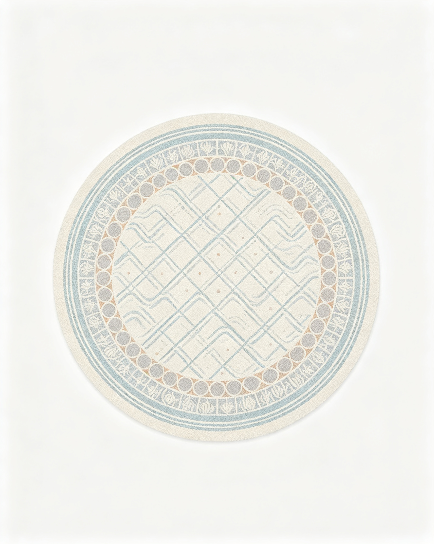 Round Light Blue Lattice Border Wool Area Rug