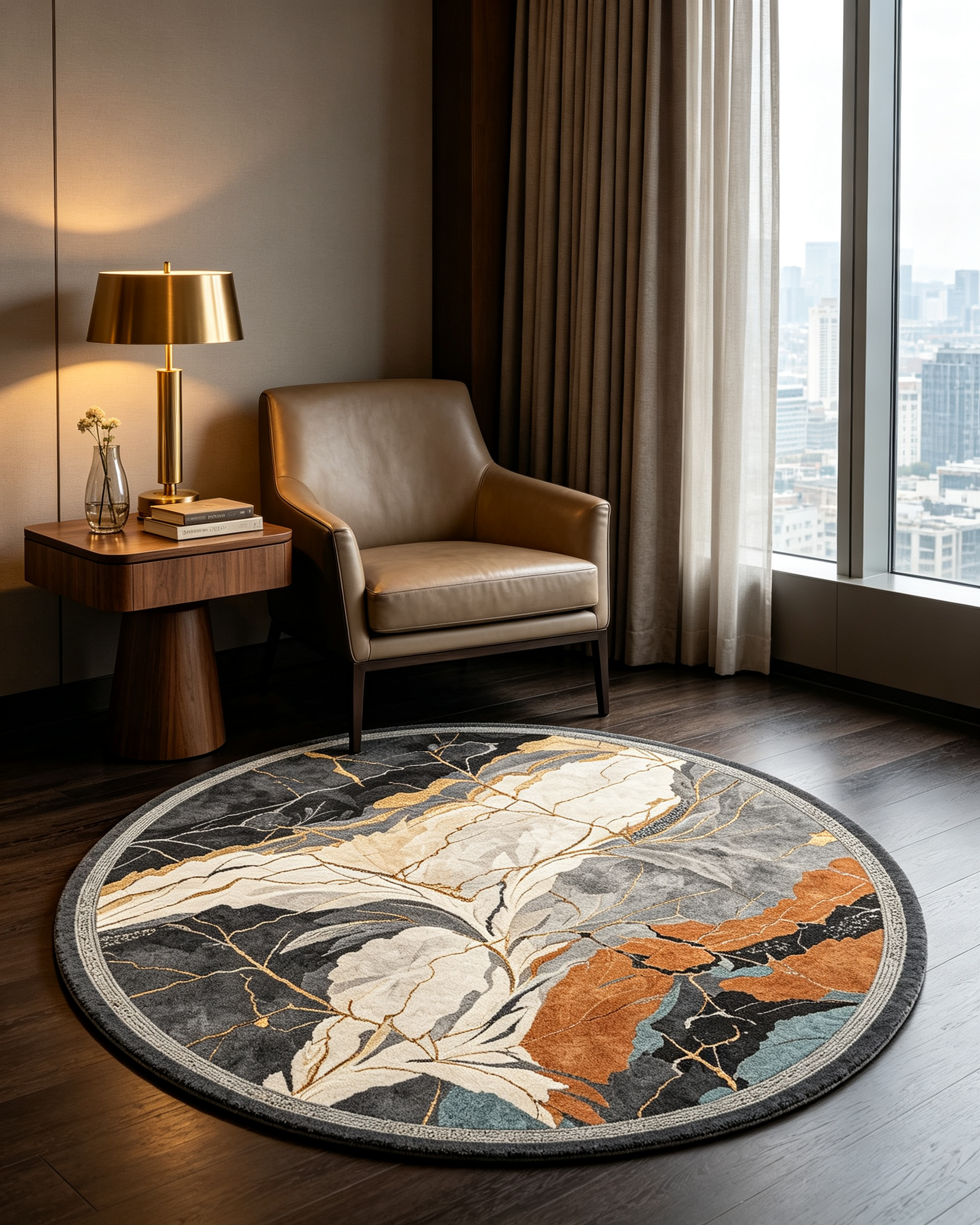 Round Modern Marble Leaf Abstract Wool Area Rug