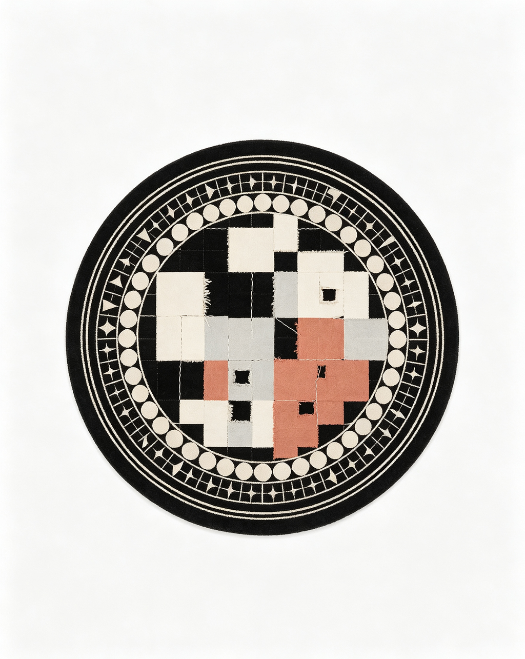 Round Black Patchwork Geometric Border Wool Area Rug